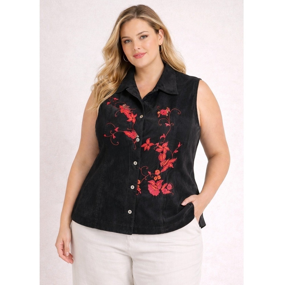 Tanjay Vintage Black Velvet Vest Sz 16 Red Floral Embroidered Old Money